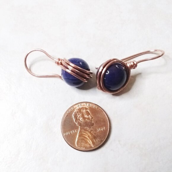 Scrumptious! Deepest Purple Agate + Copper ~ Chunky Wire Wrapped Dangle Earrings - Picture 1 of 8